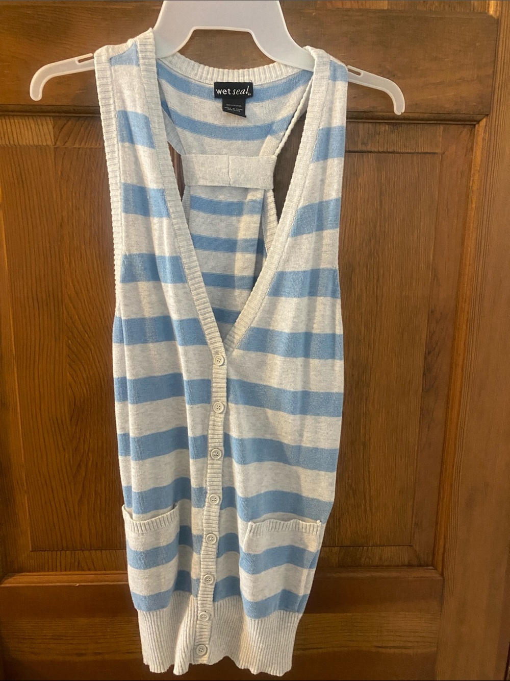 Wet Seal Light Blue &gray  Striped Button Front Sleeveless Cardigan size L